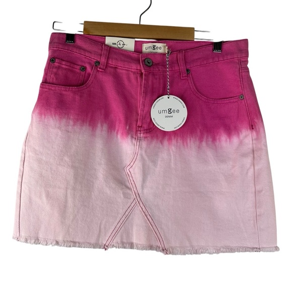 NWT Umgee Pink Ombre Denim Mini Skirt Size Large Gradient Dip Dye Raw Hem Y2 - Picture 8 of 13